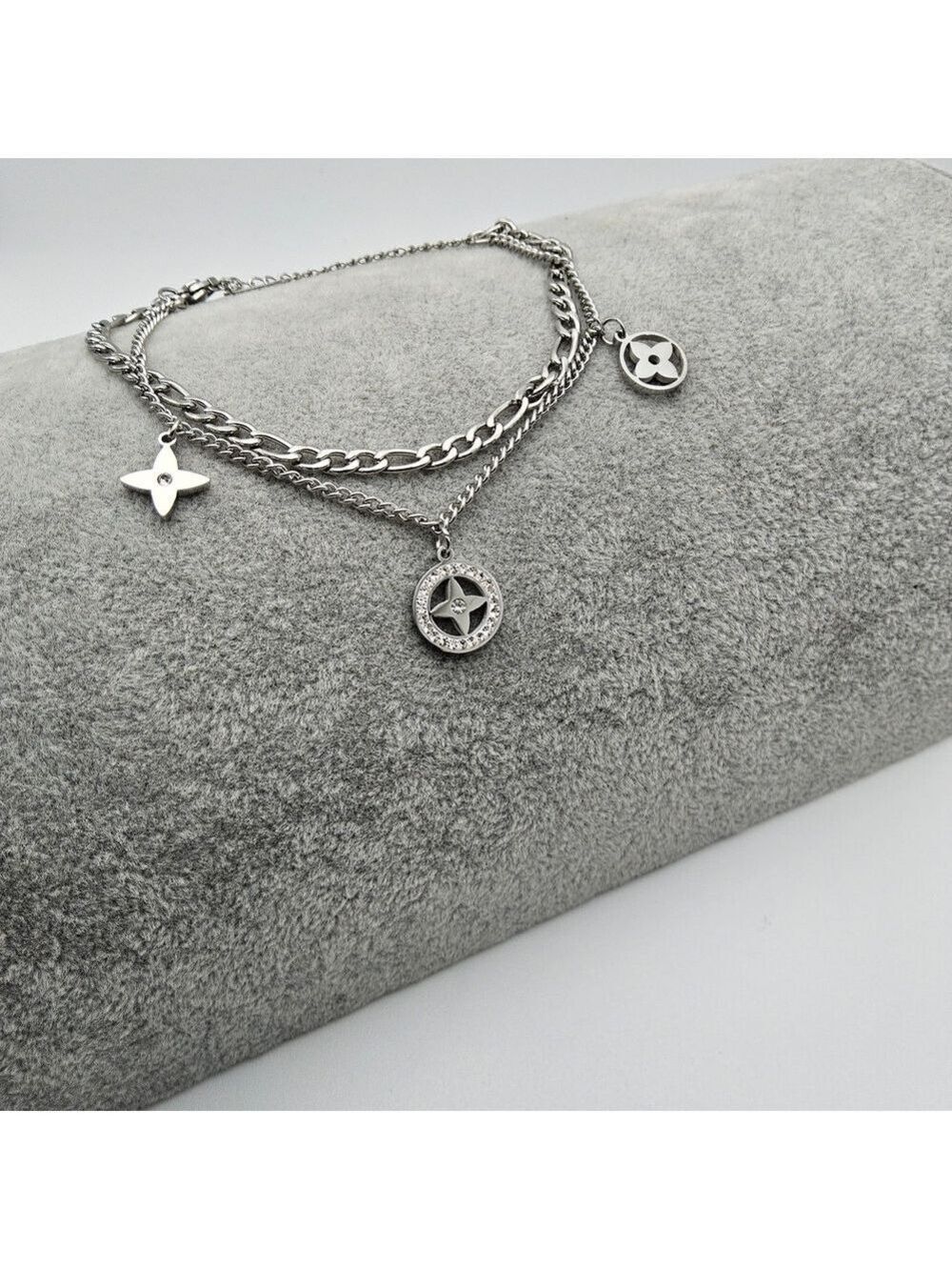 Star Clover Simulated Diamond Dual Chain Charm Bracelet, Stainless Steel